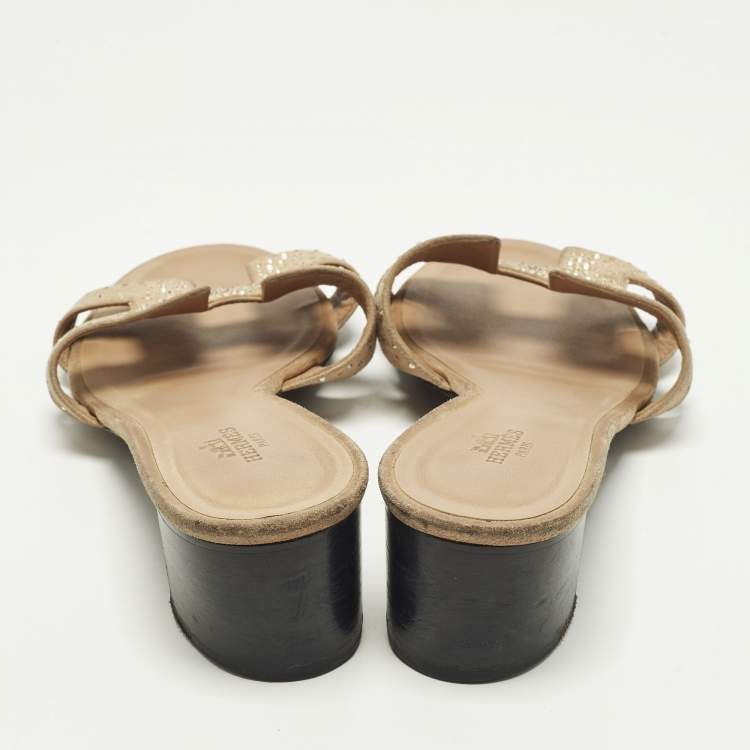 Pre Owned Hermes Oasis Size 38.5 Beige Suede Crystal Embellished Slide Sandals