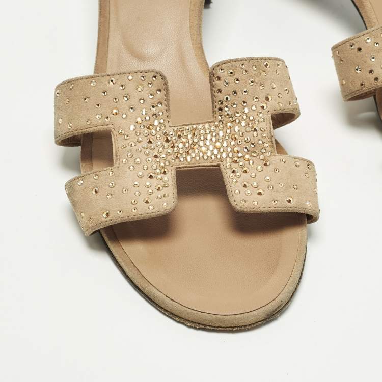 Pre Owned Hermes Oasis Size 38.5 Beige Suede Crystal Embellished Slide Sandals