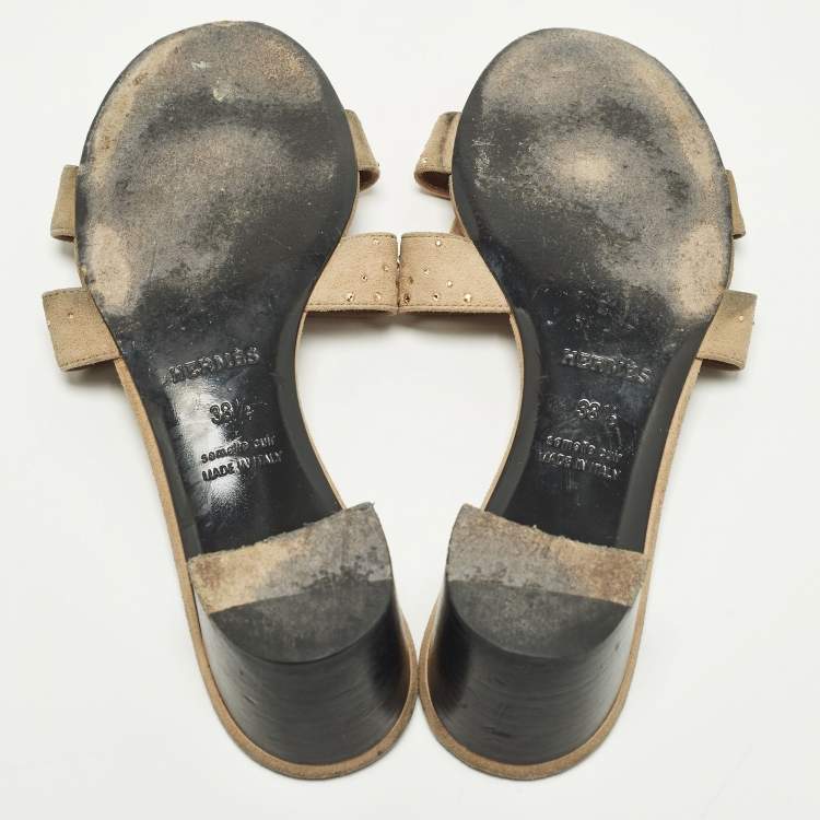 Pre Owned Hermes Oasis Size 38.5 Beige Suede Crystal Embellished Slide Sandals