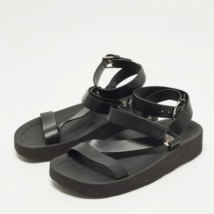 Pre Owned Hermes Galaxy Size 37 Black Leather Wedge Sandals