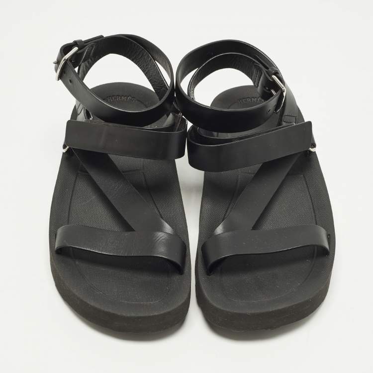 Pre Owned Hermes Galaxy Size 37 Black Leather Wedge Sandals