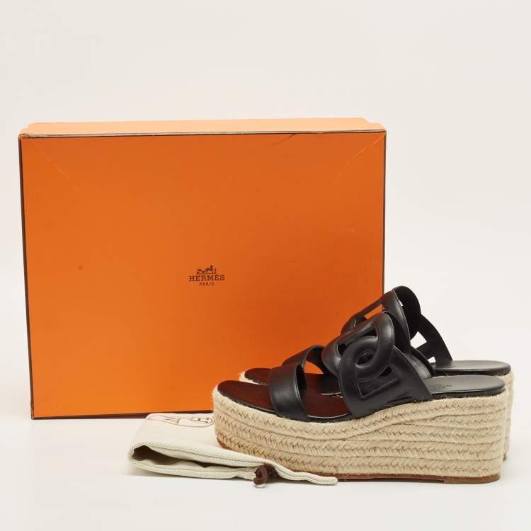 Pre Owned Hermes Ithea Size 40 Black Leather Wedge Sandals