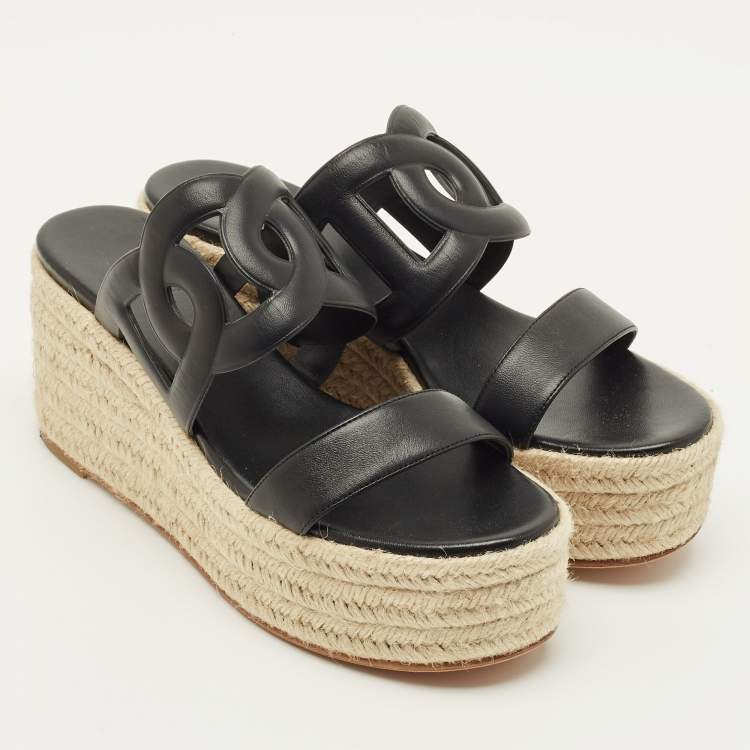 Pre Owned Hermes Ithea Size 40 Black Leather Wedge Sandals