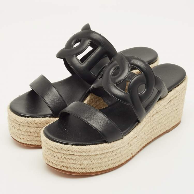 Pre Owned Hermes Ithea Size 40 Black Leather Wedge Sandals