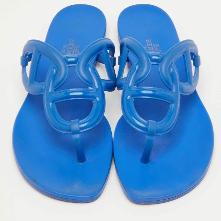 Pre Owned Hermès Egerie Size 38 Blue Rubber Thong Flat Sandals