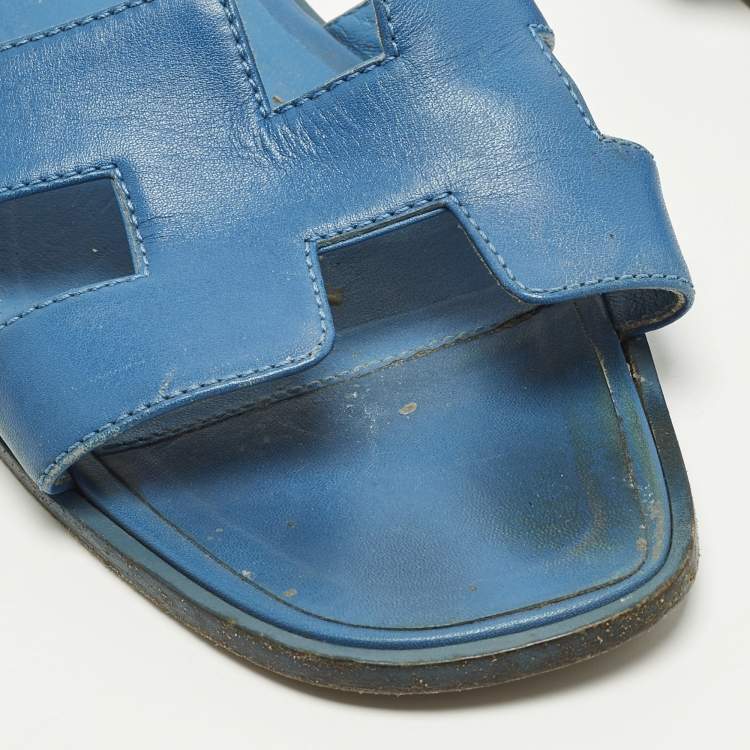 Pre Owned Hermes Oran Size 37 Blue Leather Flat Slide
