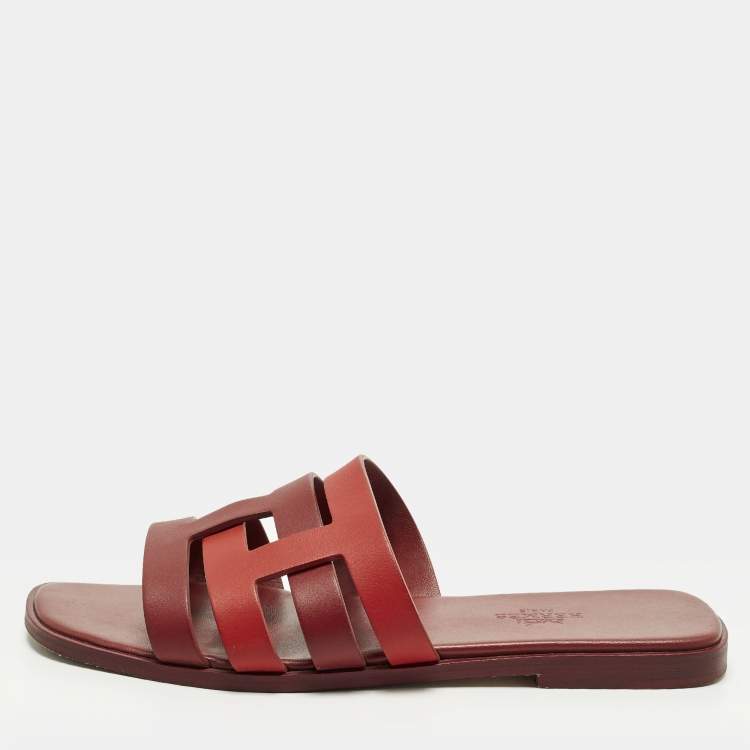 Pre Owned Hermes Amore Size 37 Two Tone Leather Flat Slides