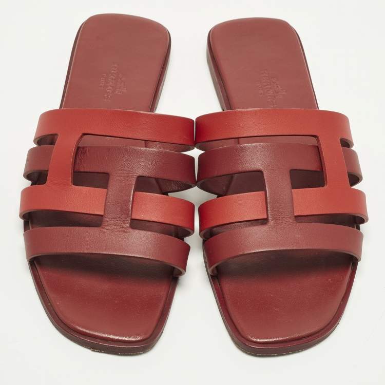 Pre Owned Hermes Amore Size 37 Two Tone Leather Flat Slides