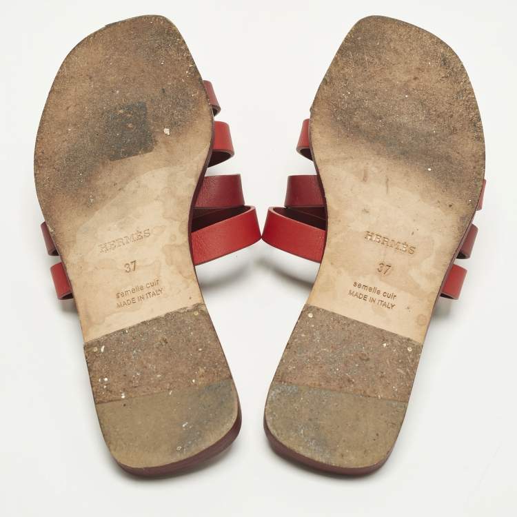 Pre Owned Hermes Amore Size 37 Two Tone Leather Flat Slides