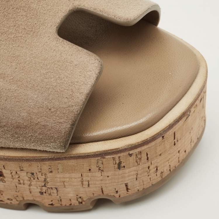 Pre Owned Hermes Eze Size 36 Beige Suede Wedge Sandals