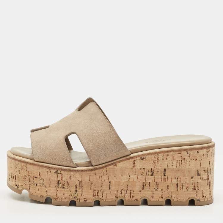Pre Owned Hermes Eze Size 36 Beige Suede Wedge Sandals