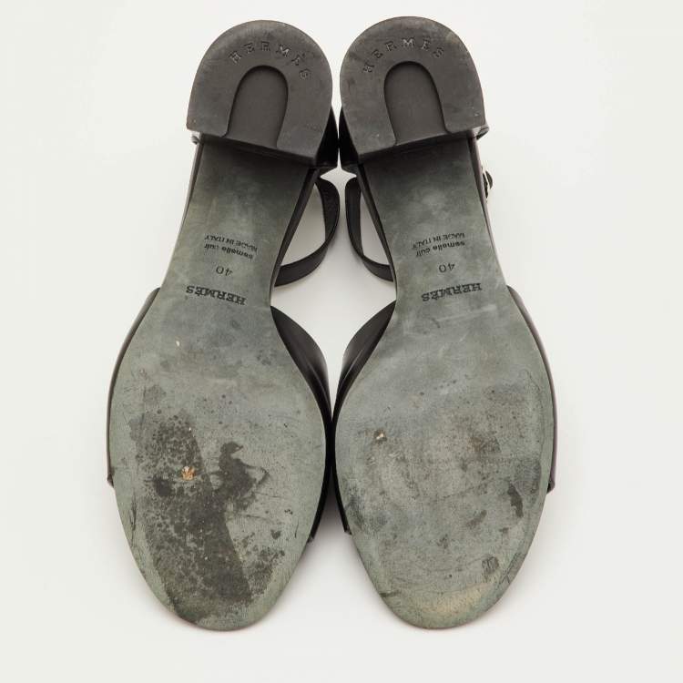 Pre Owned Hermes Viaggio Size 40 Black Leather Ankle Strap Sandals
