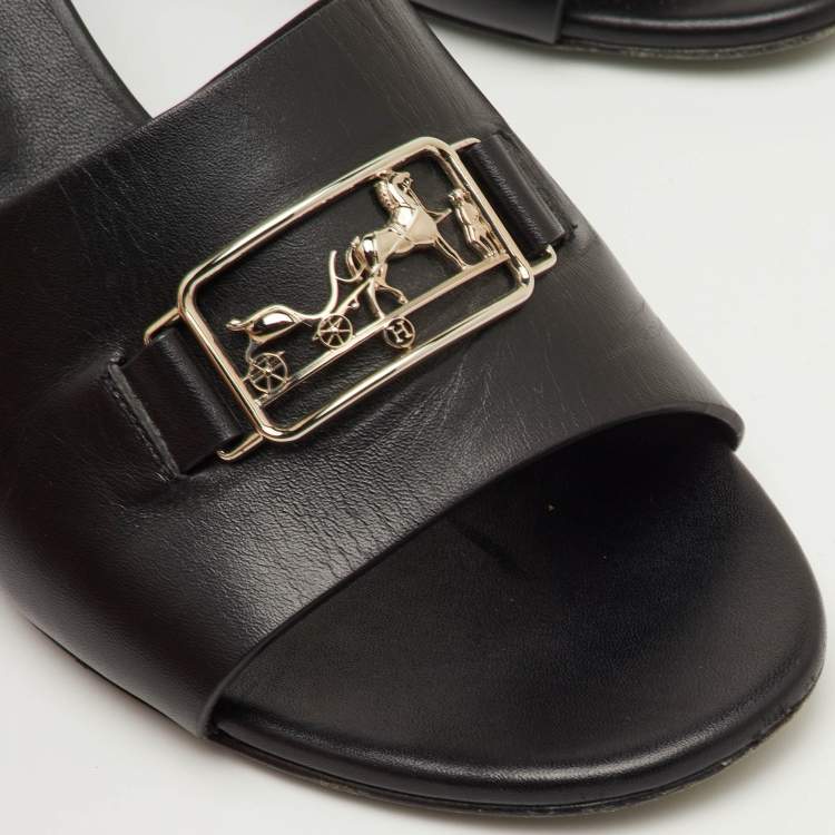 Pre Owned Hermes Viaggio Size 40 Black Leather Ankle Strap Sandals