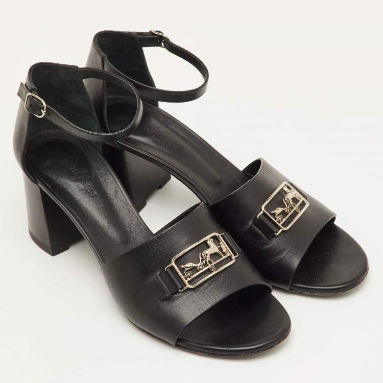 Pre Owned Hermes Viaggio Size 40 Black Leather Ankle Strap Sandals
