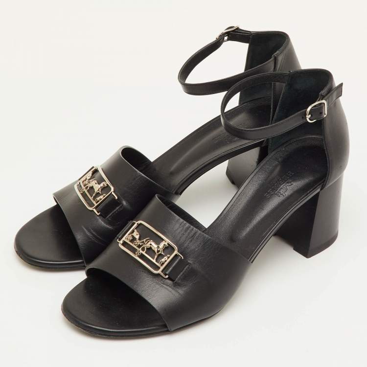 Pre Owned Hermes Viaggio Size 40 Black Leather Ankle Strap Sandals
