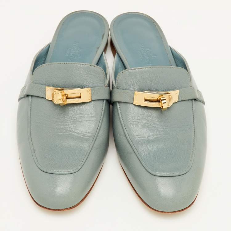 Pre Owned Hermes Oz Size 38 Blue Leather Flat Mules