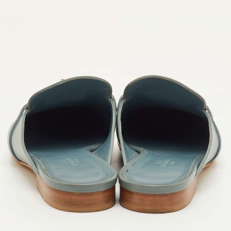 Pre Owned Hermes Oz Size 38 Blue Leather Flat Mules