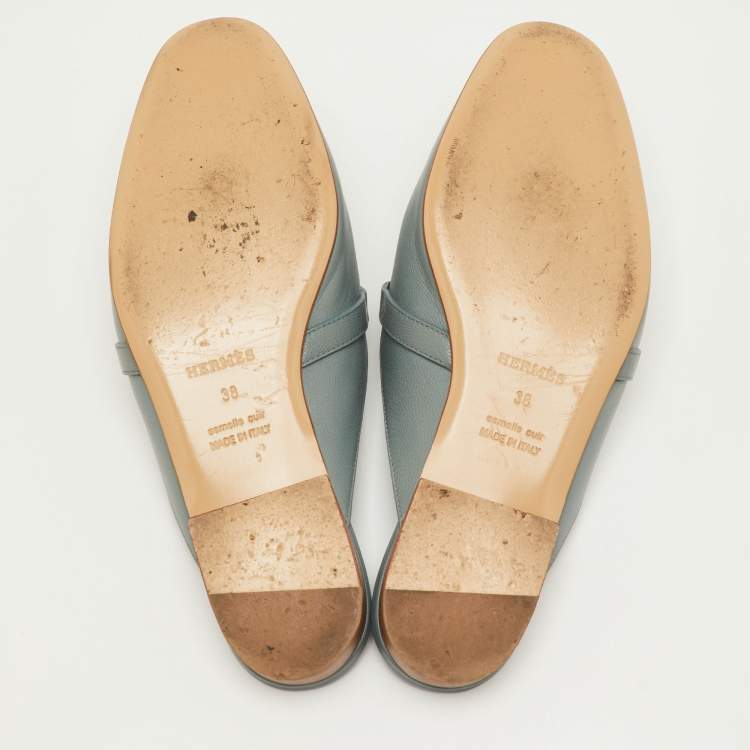 Pre Owned Hermes Oz Size 38 Blue Leather Flat Mules