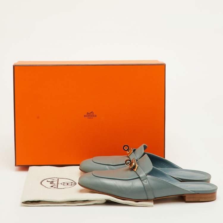 Pre Owned Hermes Oz Size 38 Blue Leather Flat Mules