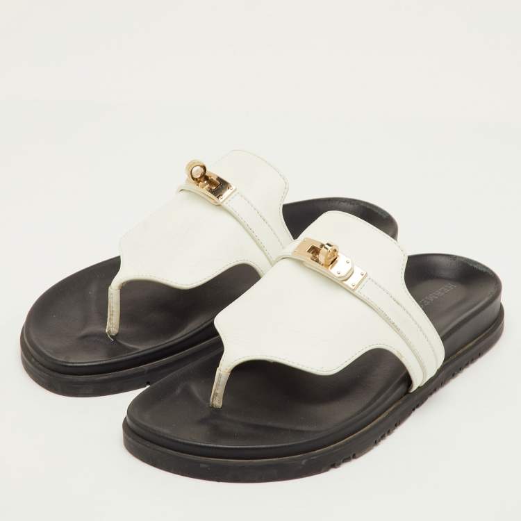 Pre Owned Hermes Empire Size 38.5 White Leather Slide Sandals