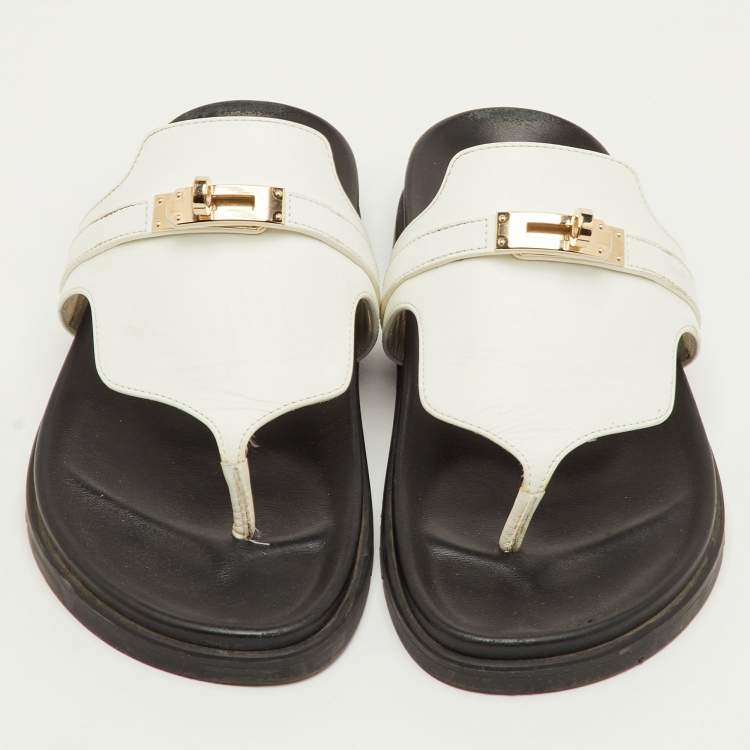 Pre Owned Hermes Empire Size 38.5 White Leather Slide Sandals