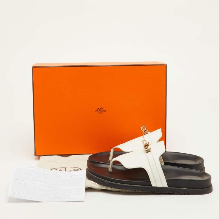 Pre Owned Hermes Empire Size 38.5 White Leather Slide Sandals