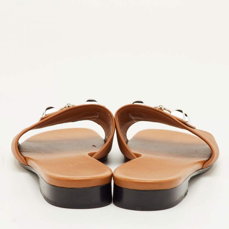 Pre Owned Hermes Dune Bois Size 37.5 Tan Leather Flat Slide Sandals