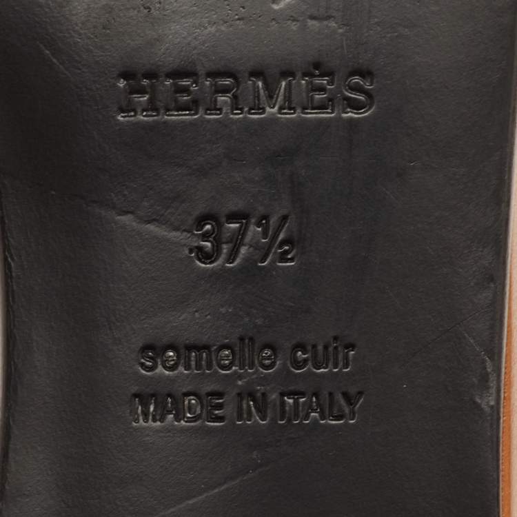 Pre Owned Hermes Dune Bois Size 37.5 Tan Leather Flat Slide Sandals