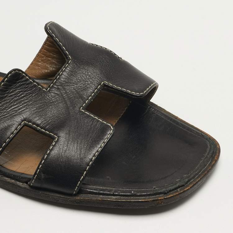 Pre Owned Hermes Oran Size 37.5 Black Leather Flat Slide