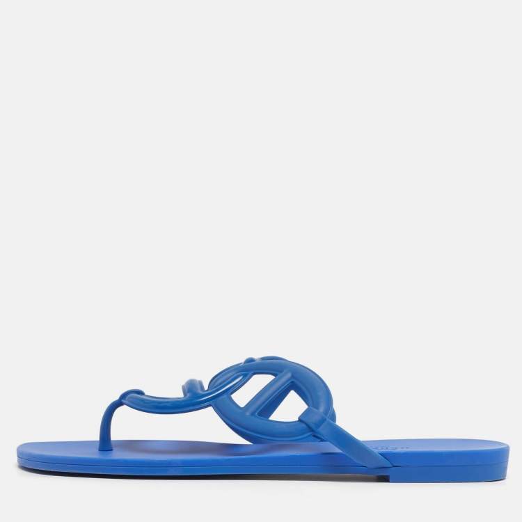 Pre Owned Hermes Egerie Size 38 Blue Rubber Thong Flats Slide