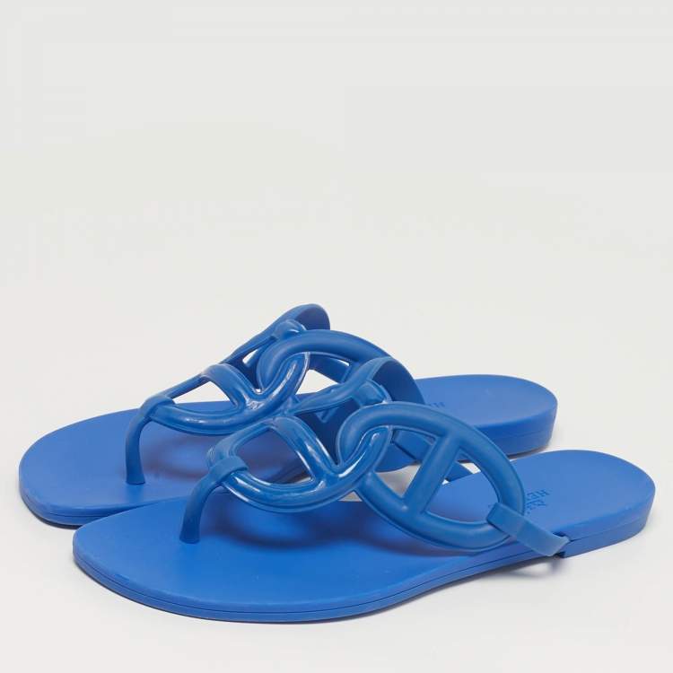 Pre Owned Hermes Egerie Size 38 Blue Rubber Thong Flats Slide