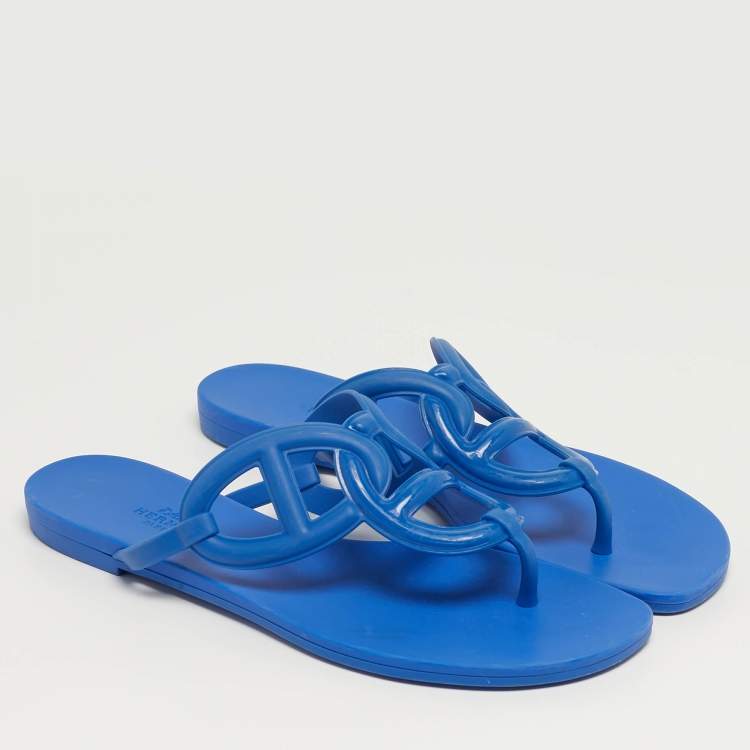 Pre Owned Hermes Egerie Size 38 Blue Rubber Thong Flats Slide