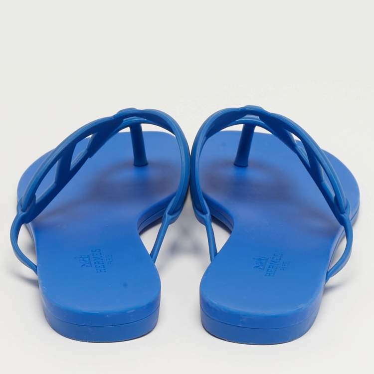 Pre Owned Hermes Egerie Size 38 Blue Rubber Thong Flats Slide