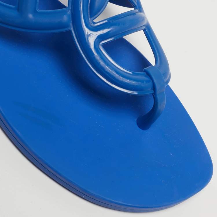 Pre Owned Hermes Egerie Size 38 Blue Rubber Thong Flats Slide