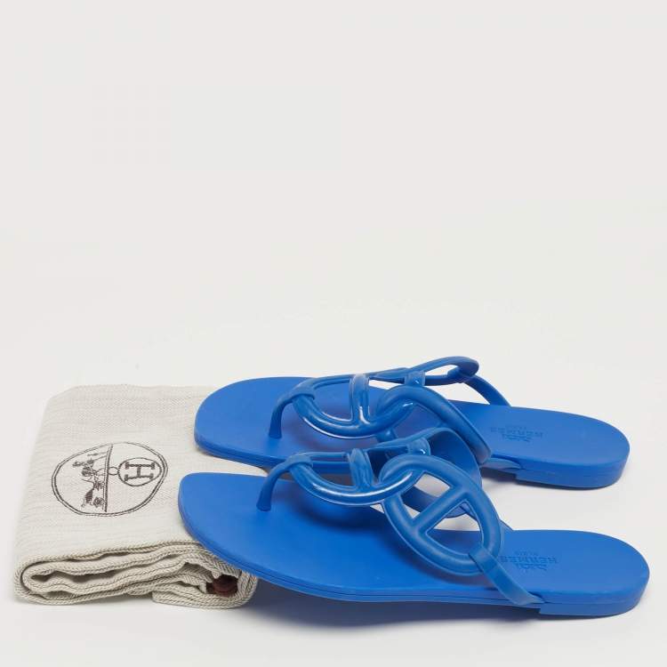 Pre Owned Hermes Egerie Size 38 Blue Rubber Thong Flats Slide