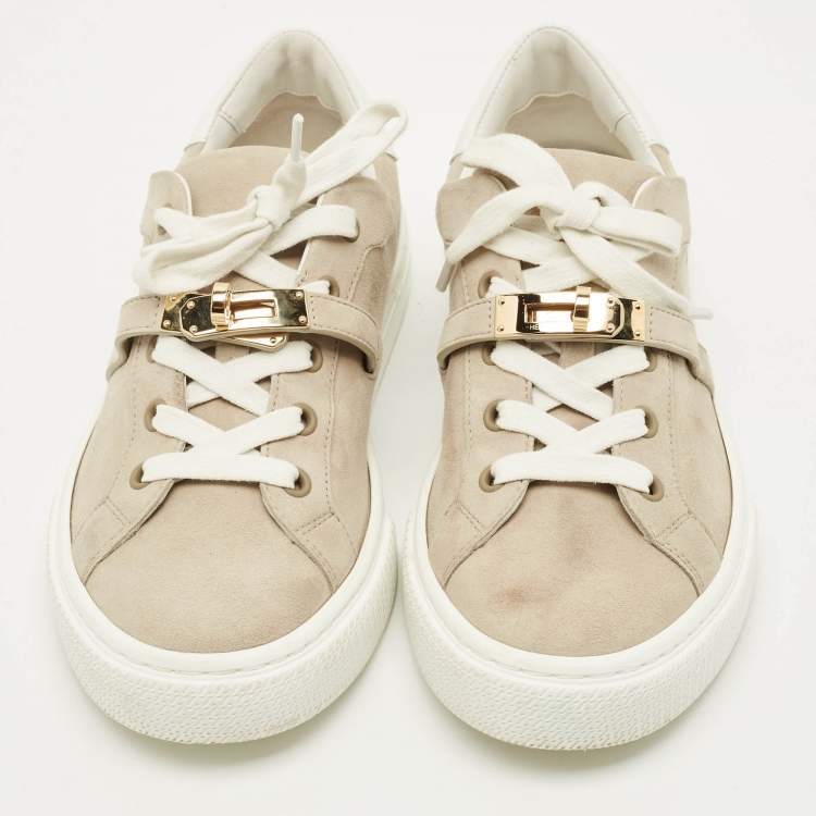 Pre Owned Hermes Day Size 37.5 Grey/White Leather and Suede Lace Up Sneakers