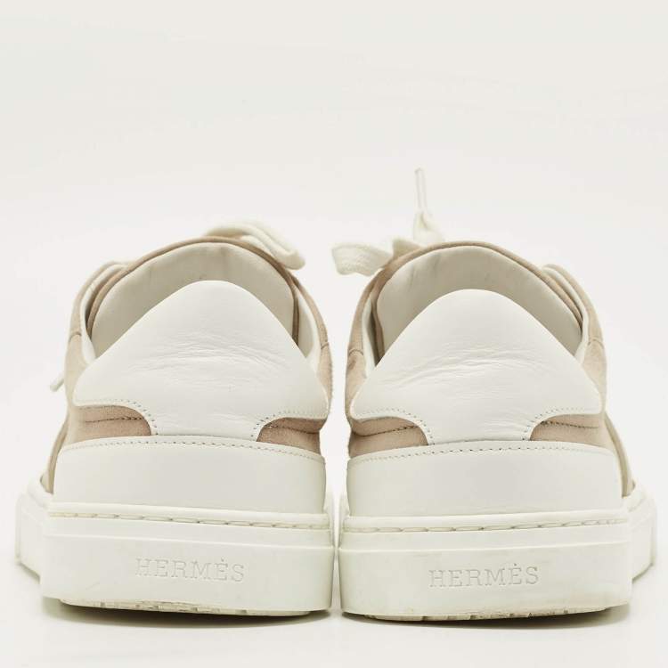 Pre Owned Hermes Day Size 37.5 Grey/White Leather and Suede Lace Up Sneakers