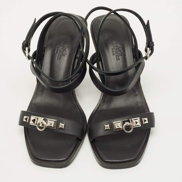 مملوكة مسبقًا Hermes Ivresse 65 Size 37.5 Black Leather Ankle Strap Sandals