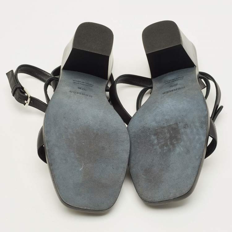 مملوكة مسبقًا Hermes Ivresse 65 Size 37.5 Black Leather Ankle Strap Sandals