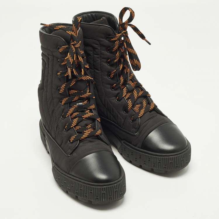 Pre Owned Hermes Fresh Size 38 Black Leather and Nylon Combat Boots