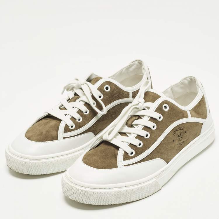 Pre Owned Hermès Get Size 40 White/Green Leather and Suede Lace Up Sneakers