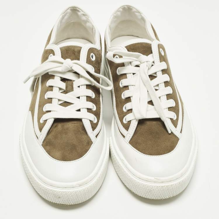Pre Owned Hermès Get Size 40 White/Green Leather and Suede Lace Up Sneakers