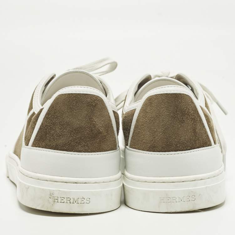 Pre Owned Hermès Get Size 40 White/Green Leather and Suede Lace Up Sneakers