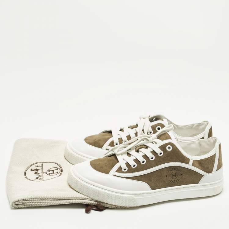 Pre Owned Hermès Get Size 40 White/Green Leather and Suede Lace Up Sneakers