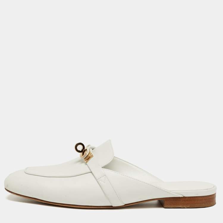 مملوكة مسبقًا Hermes Oz Size 36 White Leather Palladium Plated Mules