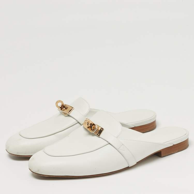 مملوكة مسبقًا Hermes Oz Size 36 White Leather Palladium Plated Mules