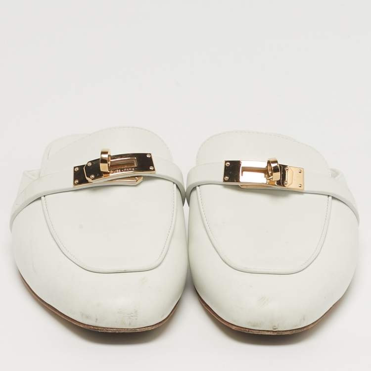 مملوكة مسبقًا Hermes Oz Size 36 White Leather Palladium Plated Mules