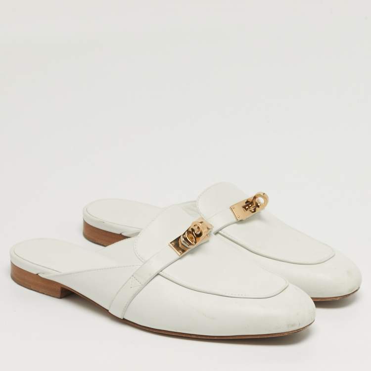 مملوكة مسبقًا Hermes Oz Size 36 White Leather Palladium Plated Mules