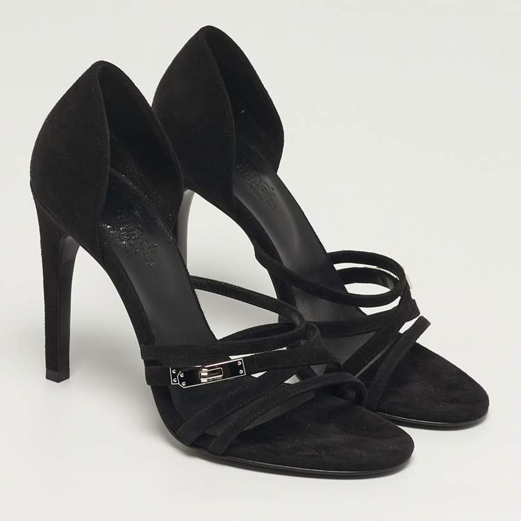 مملوكة مسبقًا Hermes Lipstick Size 37 Black Suede Ankle Strap Sandals