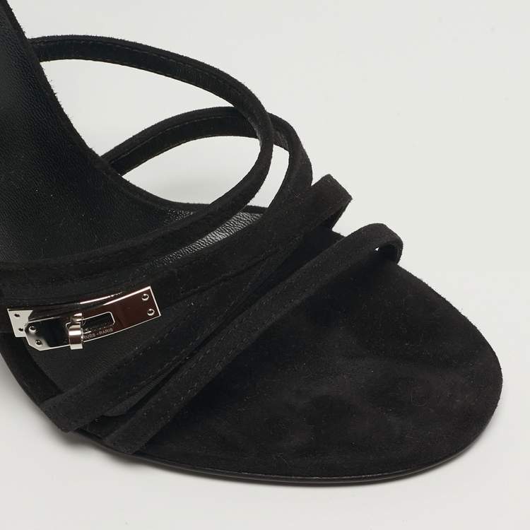 مملوكة مسبقًا Hermes Lipstick Size 37 Black Suede Ankle Strap Sandals